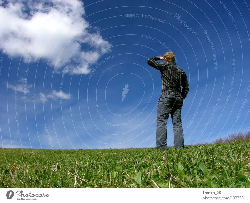 Outlook for spring Human being White Lake Think Faceless Masculine Hand Cyan Clouds Bad weather Worm's-eye view Grass Meadow Green Blade of grass Straw Stand