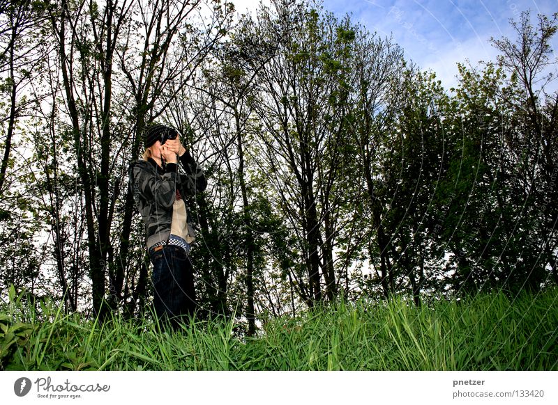 photographer Take a photo Photographer Forest Field Tree White Clouds Grass Green To go for a walk Going Photography Man Joy Art Culture Camera Sky Blue