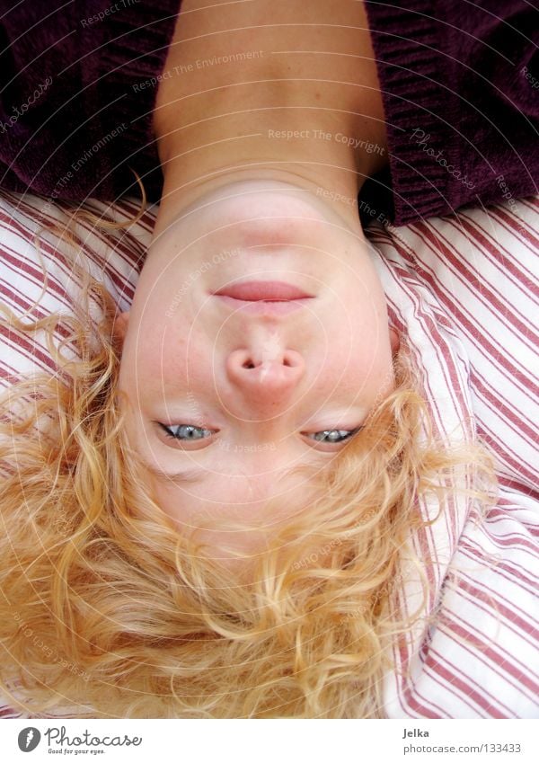 head over. Hair and hairstyles Face Bed Human being Woman Adults Head Nose Mouth Blonde Stripe Lie Speed Red White Duvet Striped Bedclothes Disheveled Alert