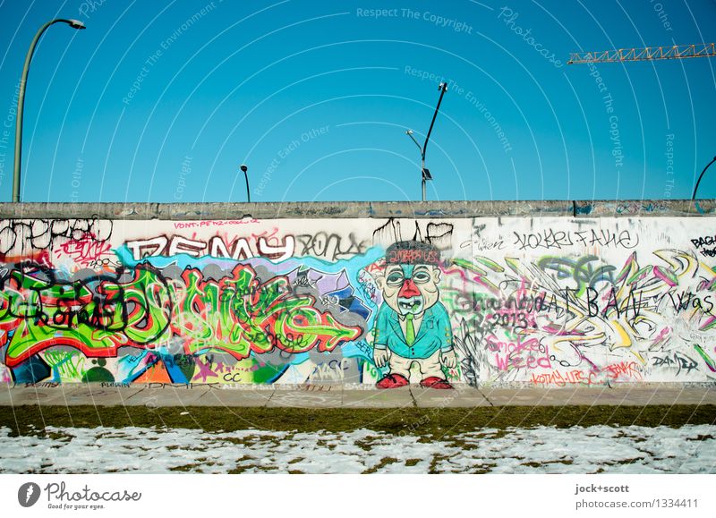 East Side Gallery Sightseeing Youth culture Subculture GDR Street art Cloudless sky Winter Snow Friedrichshain Wall (barrier) The Wall Concrete Graffiti