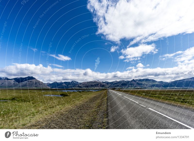 Into the unknown Vacation & Travel Tourism Trip Far-off places Freedom Summer Landscape Sky Clouds Mountain Iceland Street Country road Driving Blue Gray Green