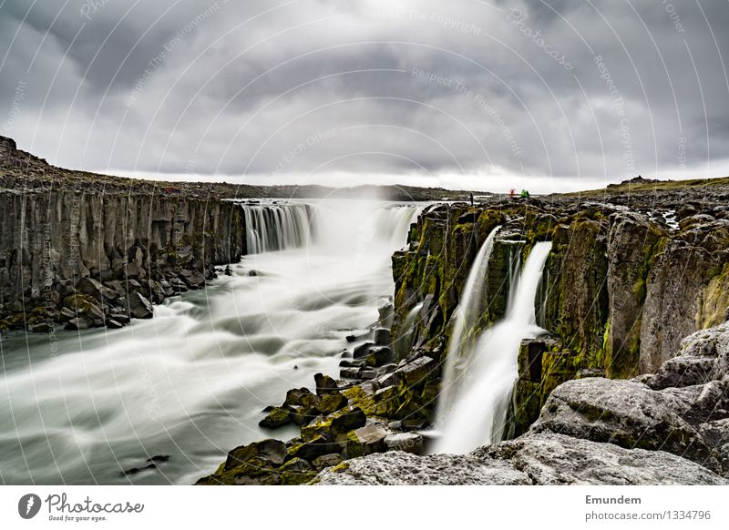 Godafoss Environment Nature Landscape Elements Water Sky Clouds Bad weather Waterfall High plain Iceland Wet Gloomy Wild Soft Gray Energy Long exposure Blur
