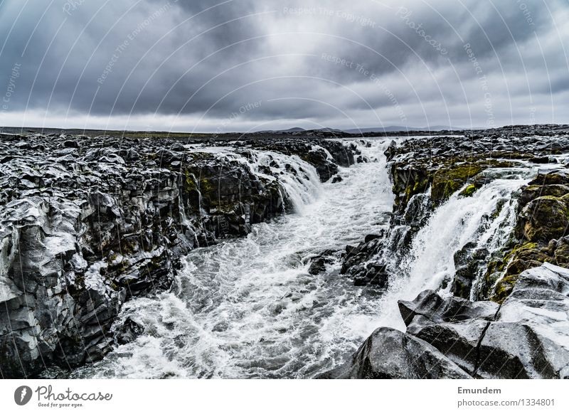 highlands Environment Nature Landscape Elements Water Sky Clouds Bad weather River bank Waterfall Iceland Europe Wet Wild Gray Deserted Free Force of nature
