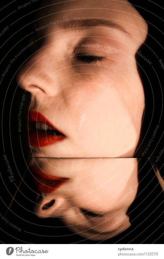 Hinged Woman Light Stand Thought Time Emotions Discern Style Lips Pallid Release Senses Awareness Mirror Mirror image Looking Perspective Dream Beautiful Earth