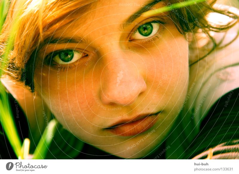 The photo with the deleted title Girl Hideous Portrait photograph Summer Meadow Boredom Green Red Physics Hot Perspire Picnic Blade of grass Flower Environment