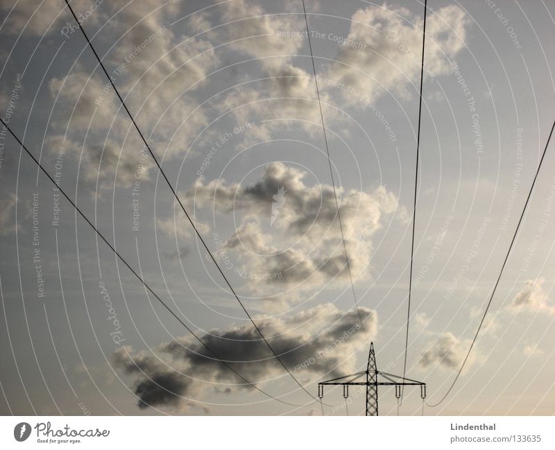 cloud tension Electricity Electricity pylon Clouds Line Flow High voltage power line Might Transmission lines Sky Structures and shapes Lanes & trails Blue
