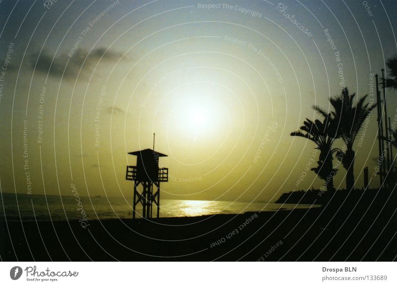 Waiting for Mitch Beach Ocean Sunset Palm tree Back-light Idyll Coast Tower Silhouette Sand Mitch Buchannon Canon Eos 500 Kodak ISO 400 Bay watch