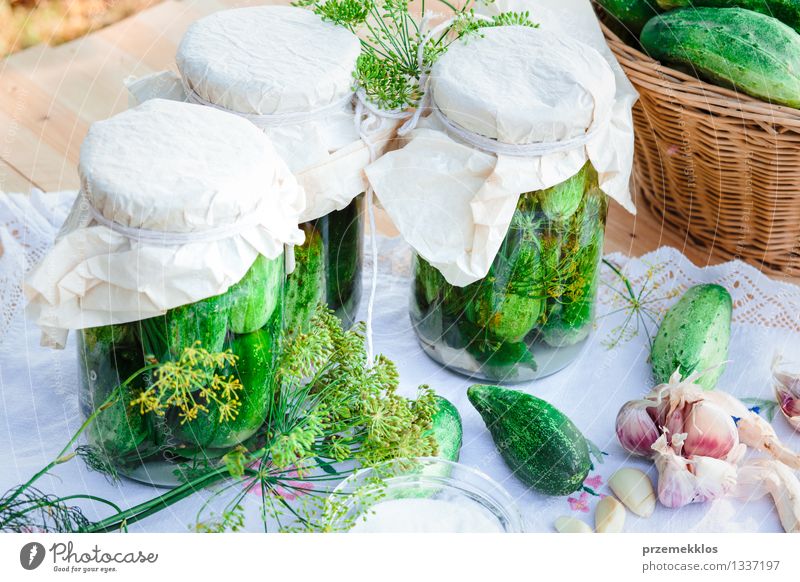 Pickled cucumbers made of home garden vegetables and herbs Vegetable Herbs and spices Organic produce Garden Summer Fresh Natural Green Basket Dill food Garlic