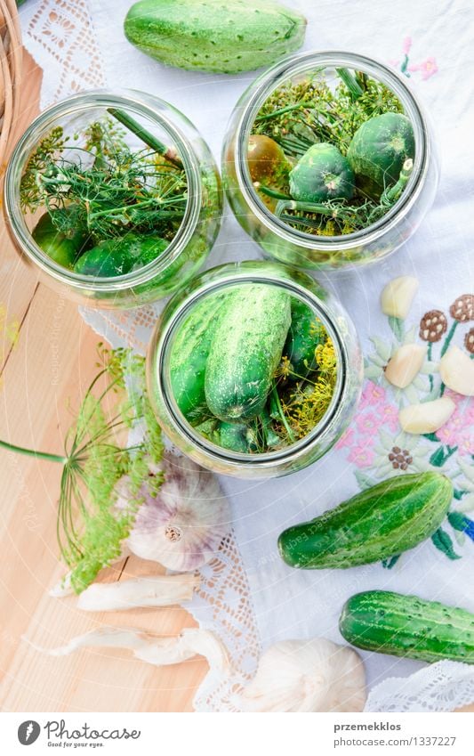 Pickling cucumbers with home garden vegetables and herbs Food Vegetable Herbs and spices Organic produce Garden Summer Fresh Natural Green Basket Dill Garlic
