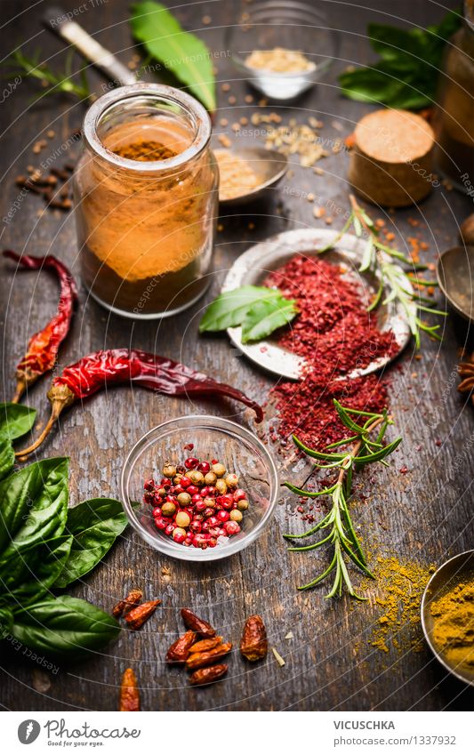 Colourful spices on the kitchen table Food Herbs and spices Nutrition Organic produce Vegetarian diet Diet Slow food Plate Bowl Glass Style Design