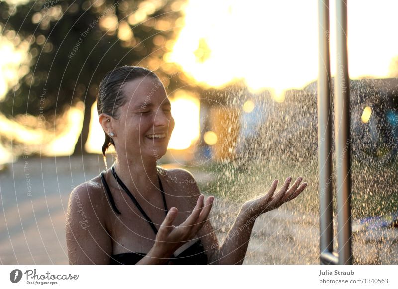 showers Feminine Woman Adults Friendship 1 Human being 30 - 45 years Water Drops of water Summer Warmth Tree Bay Ocean Bikini Earring Brunette Short-haired