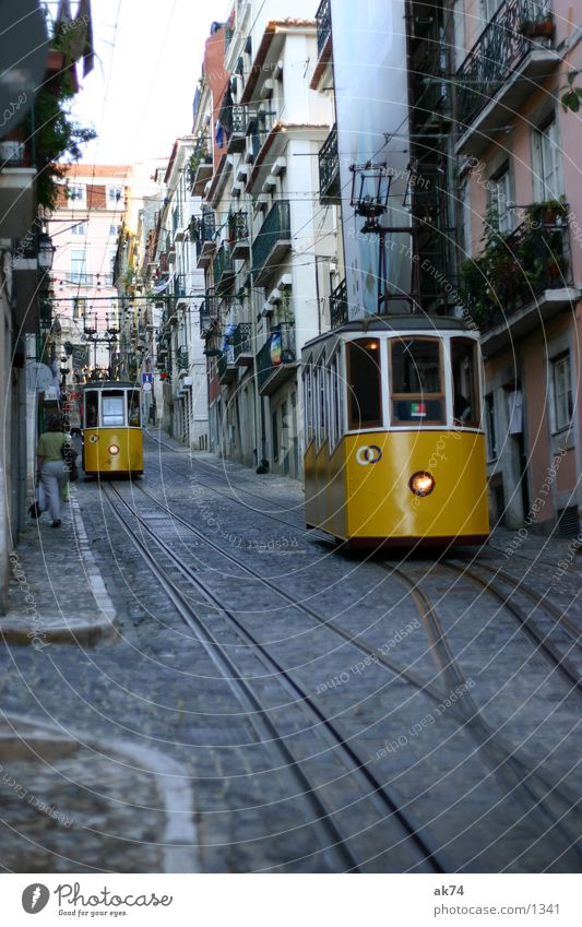uphill Lisbon Tram Yellow Railroad tracks Transport Street