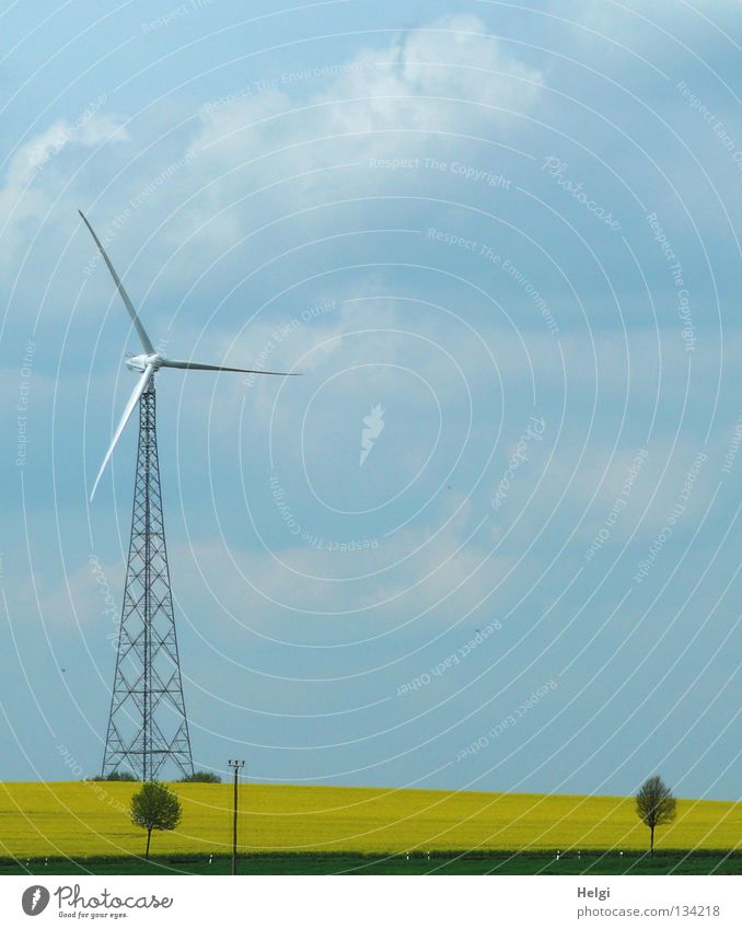 Wind turbine in front of a blue sky with clouds on a rape field Wind energy plant Aspire Length Across Towering Large Rotate Electricity Renewable energy