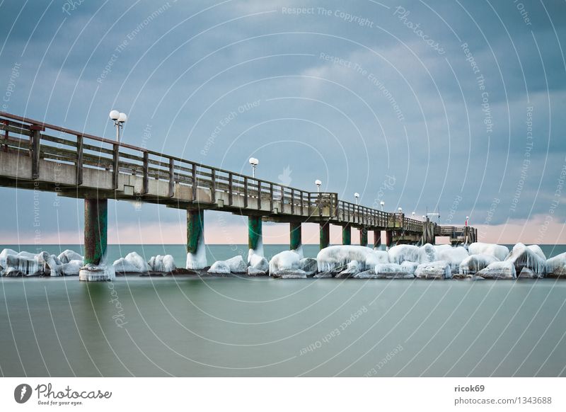 Sea bridge at the Baltic Sea coast Beach Ocean Winter Nature Landscape Water Clouds Weather Ice Frost Snow Coast Stone Cold Vacation & Travel Calm Tourism