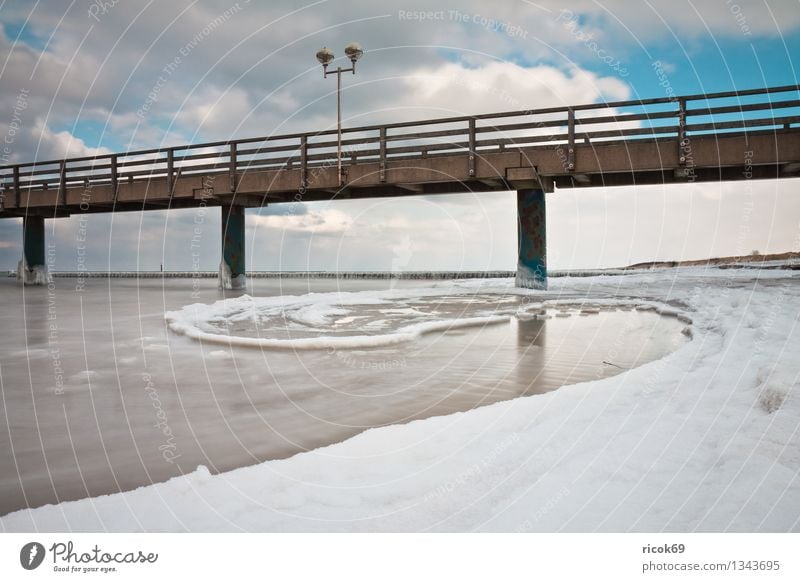 Sea bridge at the Baltic Sea coast Beach Winter Nature Landscape Water Clouds Weather Ice Frost Snow Coast Ocean Stone Cold Vacation & Travel Tourism Wustrow