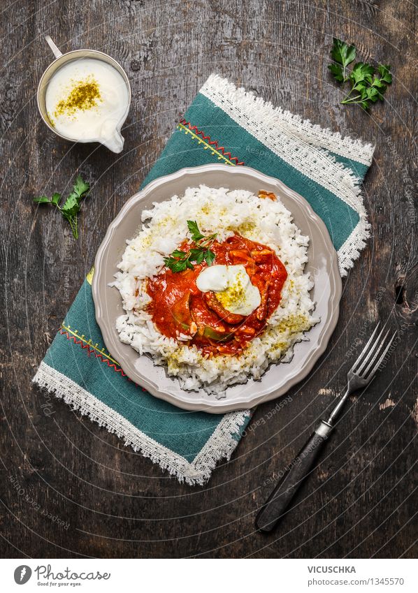 Basmati rice with chicken tomato sauce and yoghurt Food Meat Yoghurt Grain Herbs and spices Nutrition Lunch Banquet Organic produce Diet Plate Fork Style Design