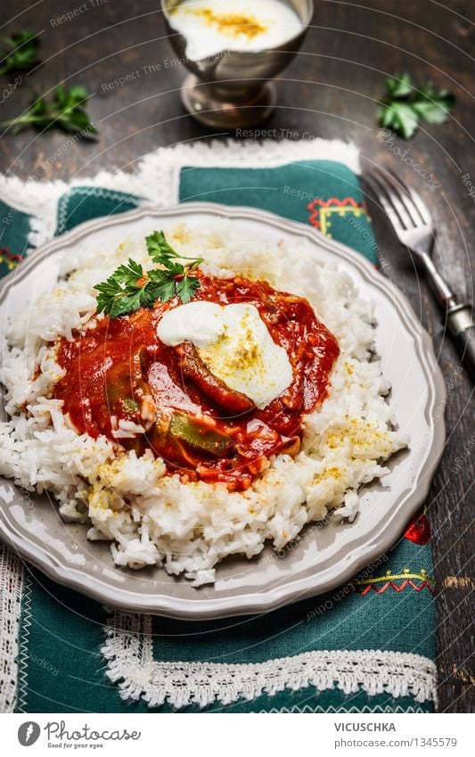 Rice with meat, vegetables, tomato sauce and yoghurt sauce Meat Vegetable Grain Nutrition Lunch Dinner Plate Fork Healthy Eating Table Restaurant Design Style