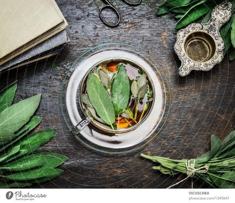Cup of sage tea with fresh herbs leaves Food Herbs and spices Beverage Hot drink Tea Plate Lifestyle Style Design Alternative medicine Healthy Eating Well-being