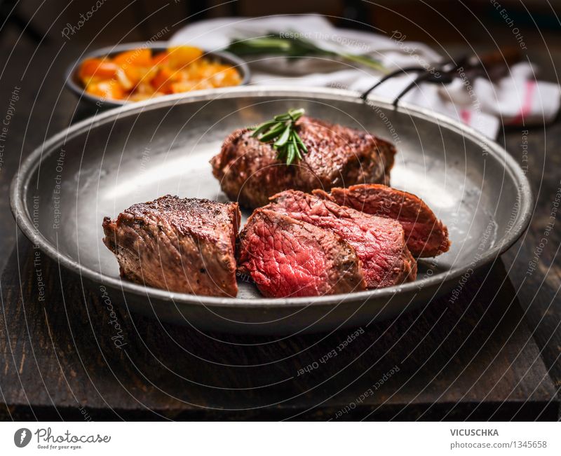 A good steak Mignon, medium fried Food Meat Nutrition Lunch Dinner Buffet Brunch Organic produce Diet Plate Fork Style Design Healthy Eating Table Steak