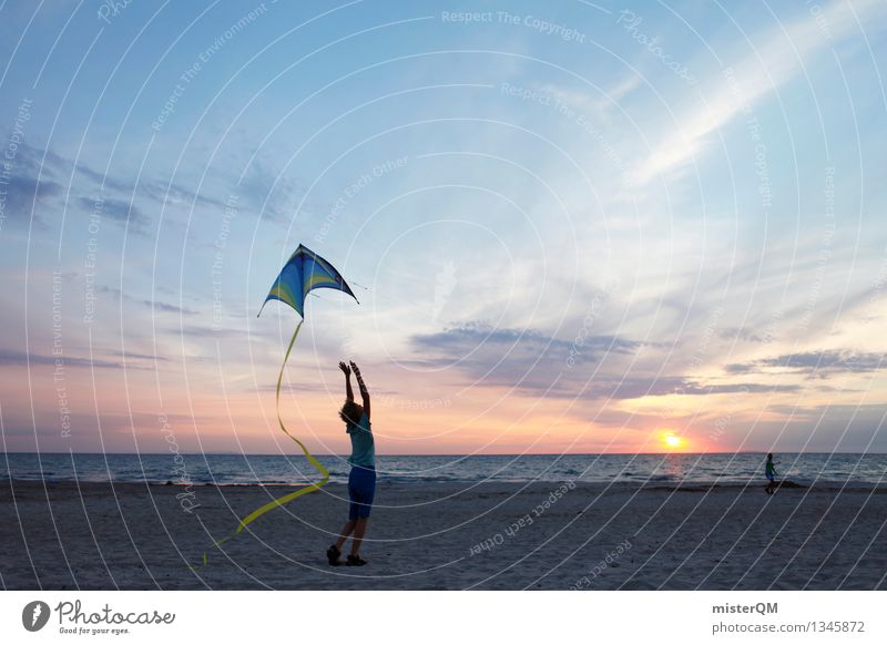 On the Beach I Art Esthetic Kite Hang gliding Beach life Playing Effortless Exterior shot Joy Comical Leisure and hobbies Infancy Sunset Vacation photo