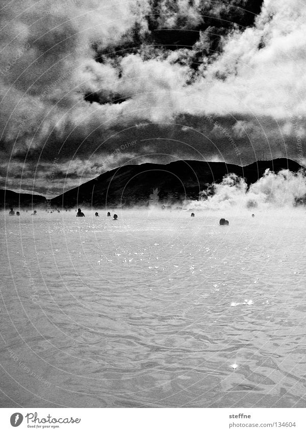 postcard Blue Lagoon Iceland Relaxation Stress Black White Smoke Clouds Physics Pleasant Vacation & Travel Hill Swimming & Bathing Wellness Healthy Joy Steam