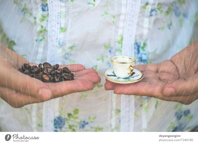 Hand hold very small cup of coffee Coffee Style Garden Table Woman Adults Old Hot Small Retro White Colour Miniature Café Hold overhead vintage Saucer people