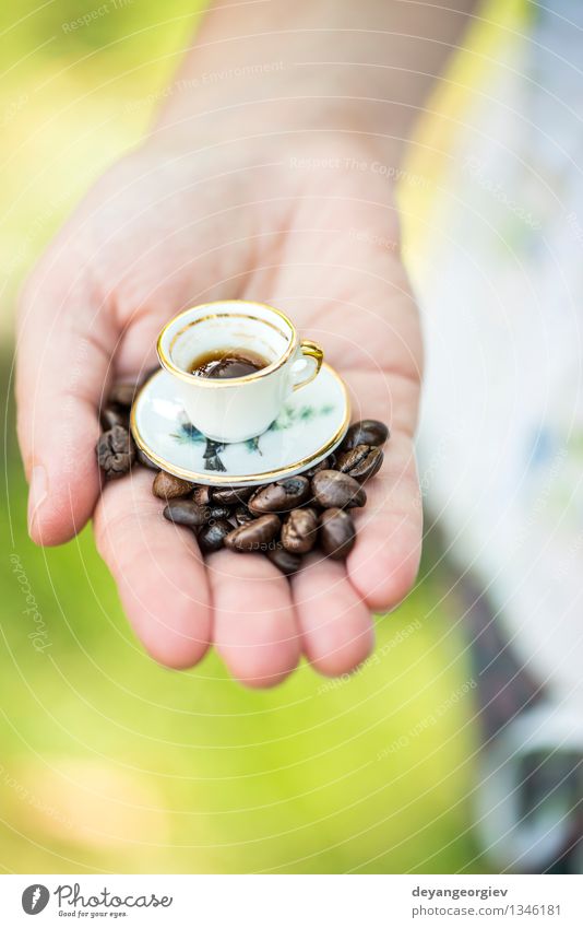 Hand hold very small cup of coffee Coffee Style Garden Table Woman Adults Old Hot Small Retro White Colour Miniature Café Hold overhead vintage Saucer people