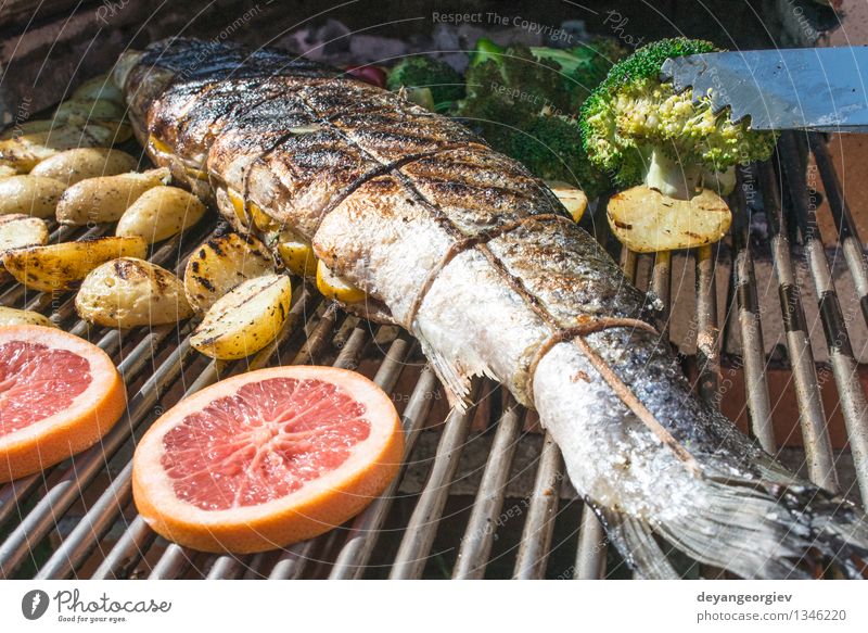 Roasting salmon fish on grill Meat Seafood Vegetable Lunch Rope Paper Fresh Hot Red Salmon Roasted Potatoes Steak Gourmet Meal Broccoli Tomato Cooking Rustic
