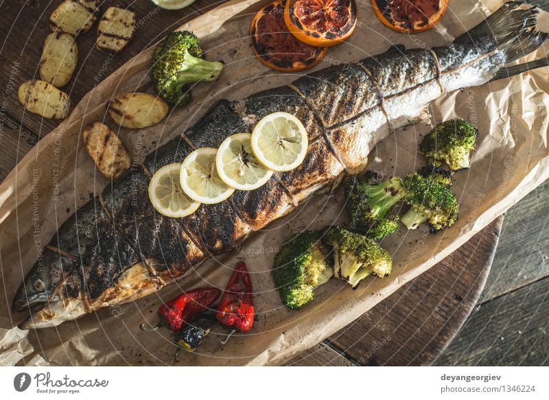 Roasted salmon and vegetables Seafood Vegetable Lunch Dinner Plate Rope Paper Green White Salmon Meal Gourmet Dish Carrot Broccoli Lemon Organic Cooking