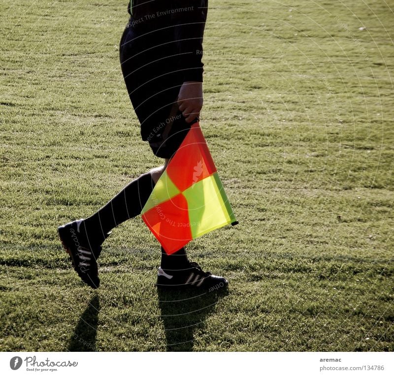 lineman Referee Linesman Footwear Clothing Flag Sporting grounds Football pitch Services Sports Playing Man Soccer Legs Lawn