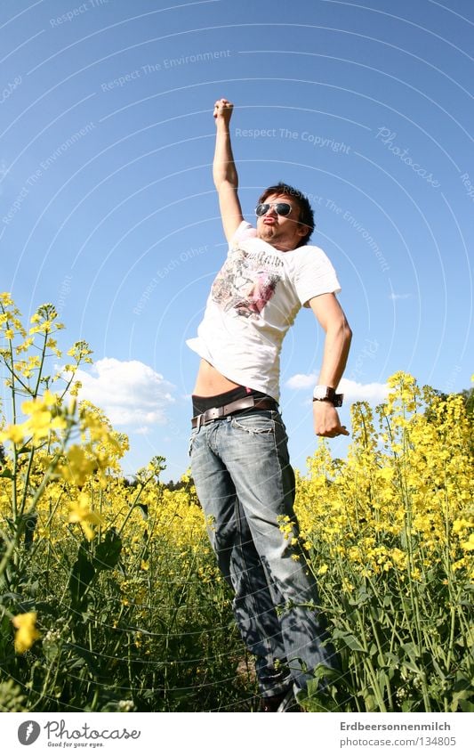 The flower field Superman! Oilseed rape oil Flower Summer Meadow Jump Man Sunglasses Seasons Hero Blue Sky Great Joy