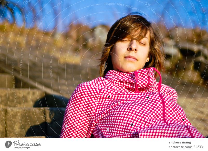 Summer's here! Relaxation Calm Rest Woman Pink Break To enjoy Dream Dreamily Sun relaxing chill enjoying sitting Lie Stairs Coast dreaming Checkered