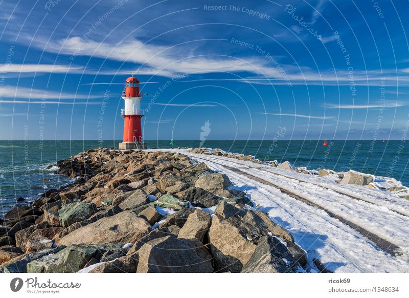 jetty Ocean Winter Nature Landscape Water Clouds Coast Baltic Sea Tower Lighthouse Architecture Tourist Attraction Landmark Stone Cold Blue Red White Tourism