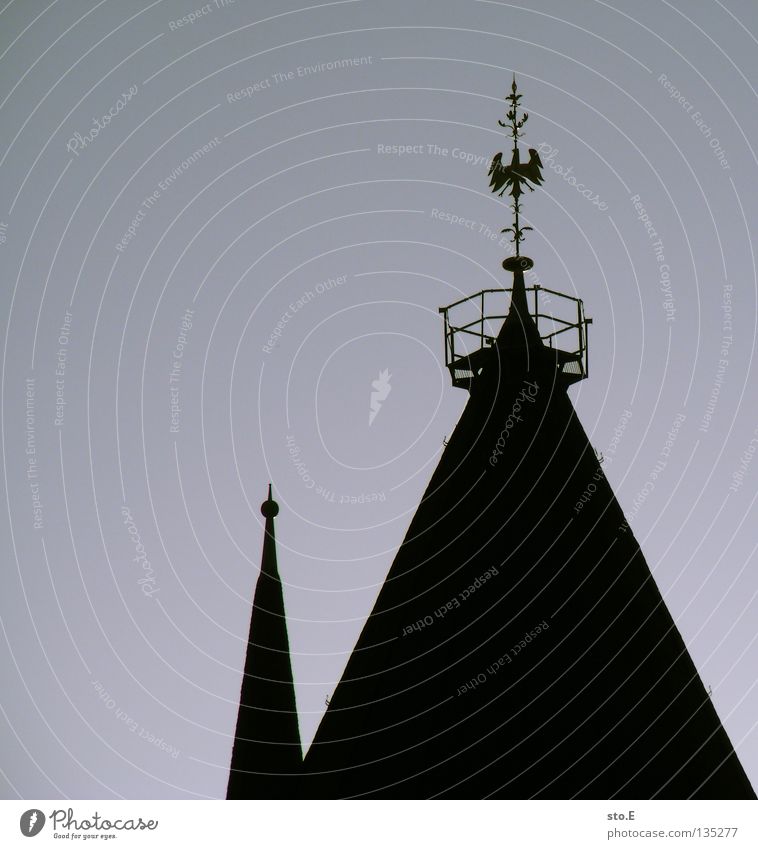 german roofs Church spire Minimal Minimalistic Background picture Clouds Bad weather Dreary Silhouette Rooster Deities Shadow Painting and drawing (object)