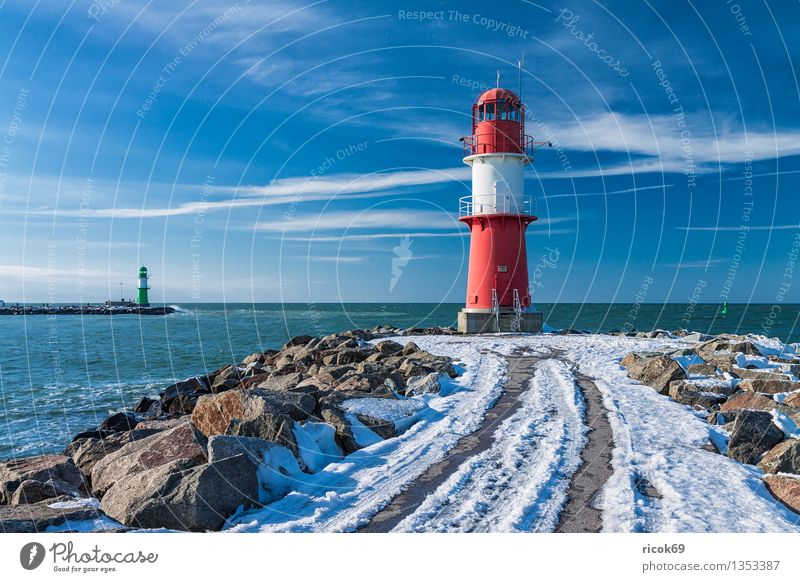 Warnemünde Ocean Winter Nature Landscape Water Clouds Coast Baltic Sea Tower Lighthouse Architecture Tourist Attraction Landmark Stone Cold Blue Green Red White