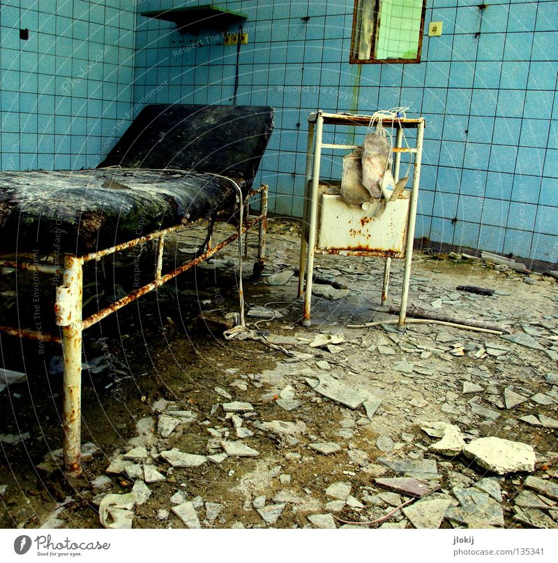 "Next, please." Room Couch Framework Light blue Plaster Mirror Square Drawer Concrete Derelict Damp Building Clinical Hospital Sanatorium Healthy Transience