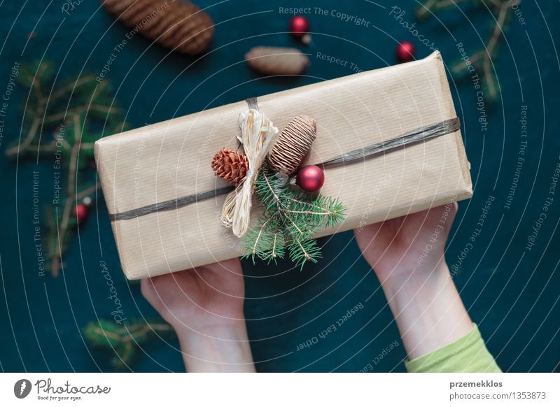 Woman holding Christmas present Hand Paper Packaging Box String Culture Tradition Guest December Gift Hold Home Horizontal Pine Wrap Colour photo Interior shot