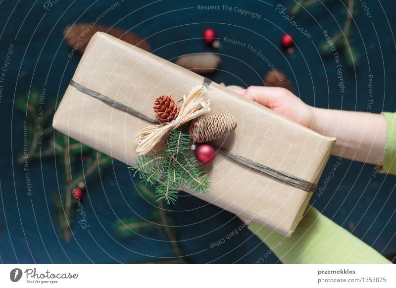 Woman holding Christmas present Hand Paper Packaging Box String Culture Tradition Guest December Gift Hold Home Horizontal Pine Wrap Colour photo Interior shot