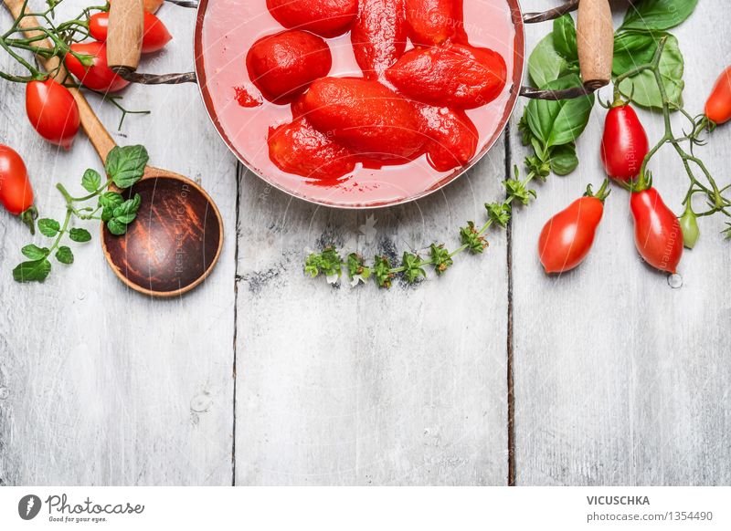 Peeled tomatoes in their own juice Food Vegetable Herbs and spices Nutrition Organic produce Vegetarian diet Diet Pot Spoon Style Design Healthy Eating Life