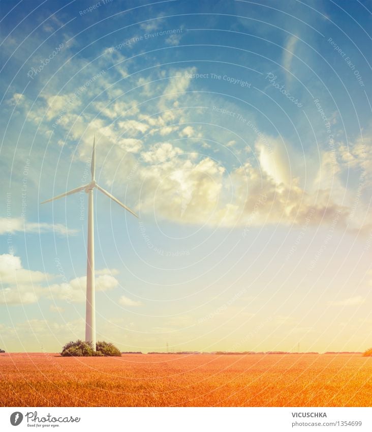 Wind turbine in the field Summer Event Advancement Future High-tech Energy industry Renewable energy Wind energy plant Nature Sky Sunrise Sunset Autumn