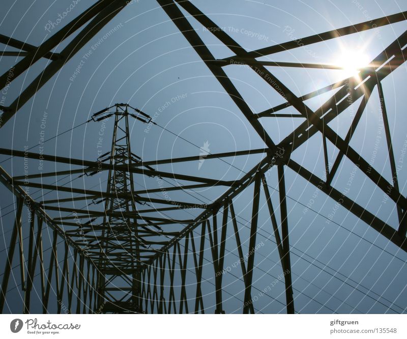 high voltage II Electricity Solar Power Electricity pylon Energy industry Wire Steel Might Dangerous Sky Industry Sun power supply Transmission lines Cable Tall