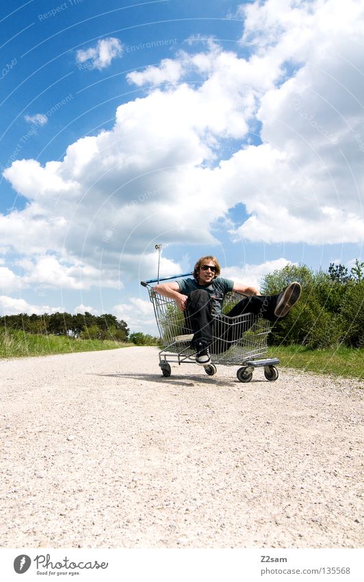 please push!!!!!!!! Clouds Stand Contentment Shopping Trolley Cage Meadow Green Summer Juicy Physics Summery Man Masculine Action Dangerous Blonde Easygoing