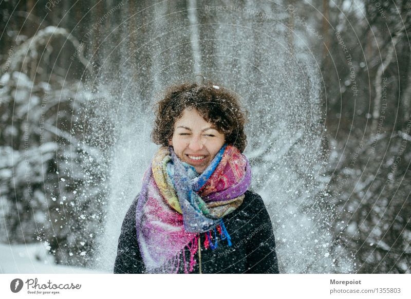 Snow joy Young woman Youth (Young adults) Adults Head Breasts 1 Human being 18 - 30 years Winter Tree Forest Scarf Curl Freeze To enjoy Smiling Stand Happiness