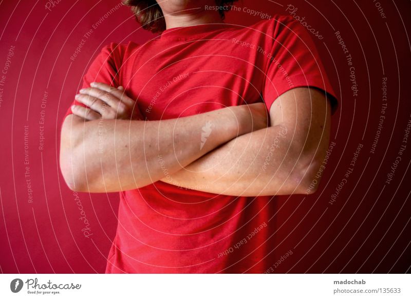 rejection bouncer crossed arms conflict compromise Lifestyle Success Human being Masculine Man Adults Arm Hand Warmth Door Control barrier Stand Red Power Might