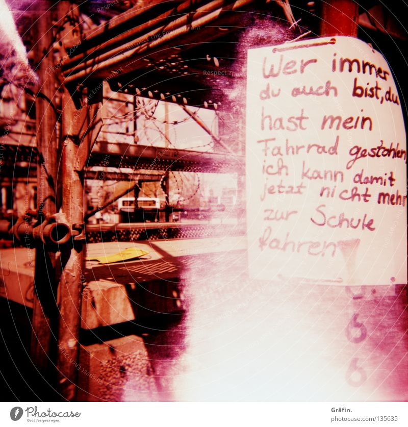 Hold the thief Shaft of light Purloin Scaffold Letters (alphabet) Word Poster Holga Experimental Violet Thief Grief Handwriting Distress Characters Lomography