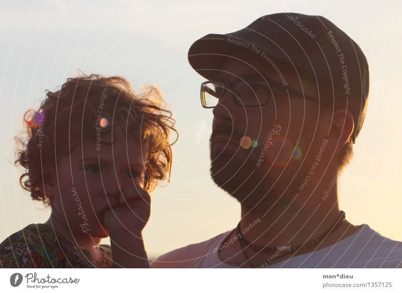 Father & Son Calm Sun Child Toddler Man Adults 2 Human being Sky Sunrise Sunset Eyeglasses Hat Cap Curl Think Looking Gold Moody Cool (slang) Power Brave