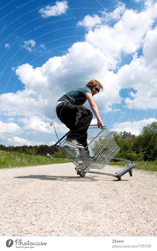 shopping surfer - typical cheap glump To fall Tumble down Contentment To hold on Green Meadow Bushes Tree Footpath Clouds Stand Shopping Trolley Cage Summer