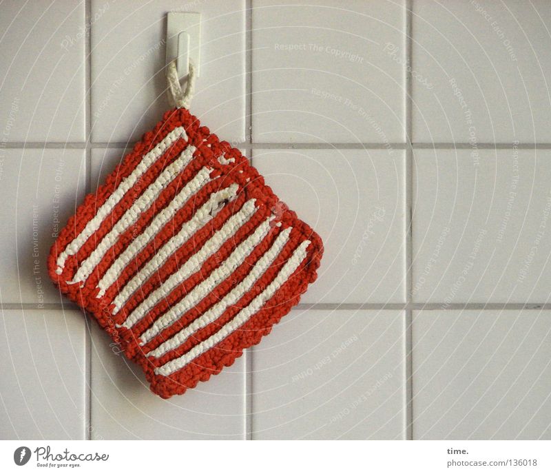 Faithful companion Hot Safety Workplace Red White Reddish white Textiles Wall (building) Checkmark Hang Hang up Square Parallel Detail Household Kitchen