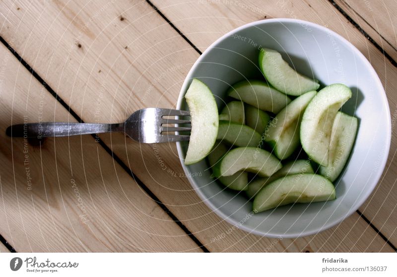 apple pieces I Fruit Apple Nutrition Eating Organic produce Diet Juice Bowl Cutlery Fork Healthy Wellness Life Harmonious Cure Fresh Juicy Green White Diagonal