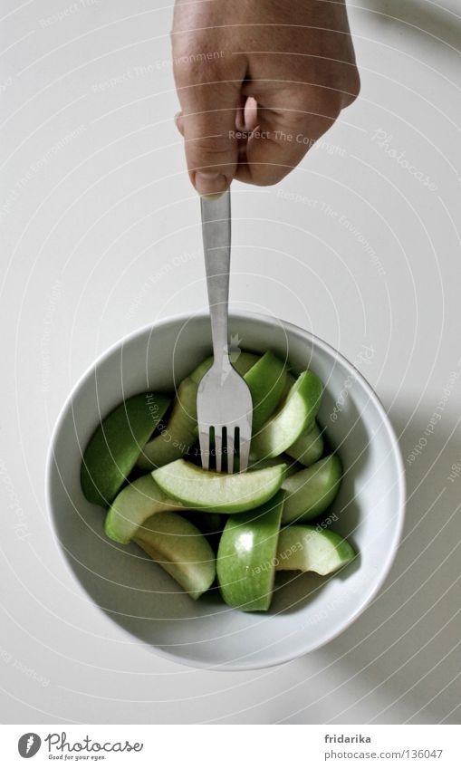 apple pieces II Fruit Apple Nutrition Eating Organic produce Diet Bowl Cutlery Fork Healthy Wellness Life Cure Hand To hold on Fresh Juicy Green White Crunchy